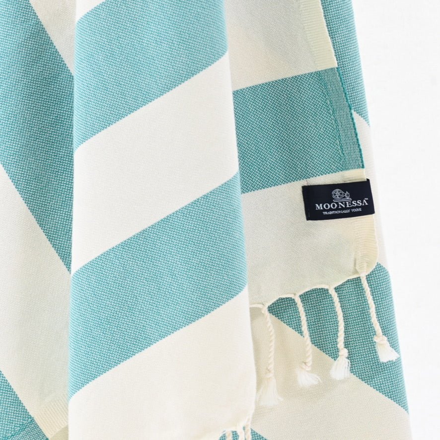 Avalon Series Turkish Towel, Combed Cotton, Ecru - Teal, 340g - Turkish Towel - MOONESSA Australia