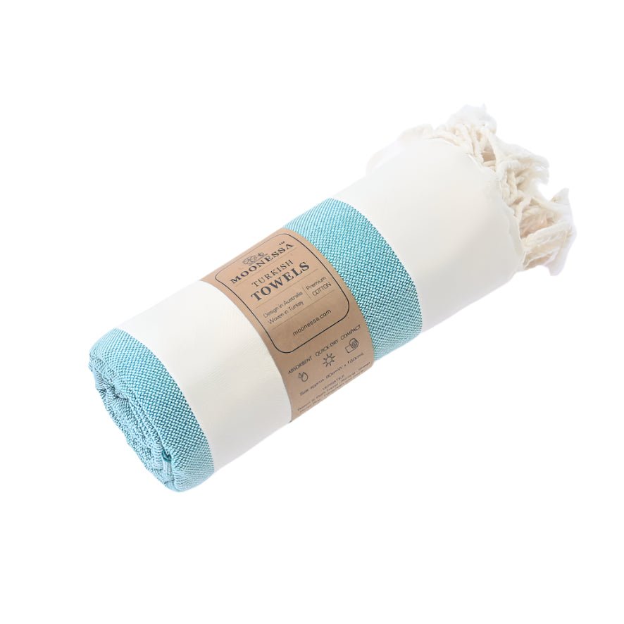 Avalon Series Turkish Towel, Combed Cotton, Ecru - Teal, 340g - Turkish Towel - MOONESSA Australia