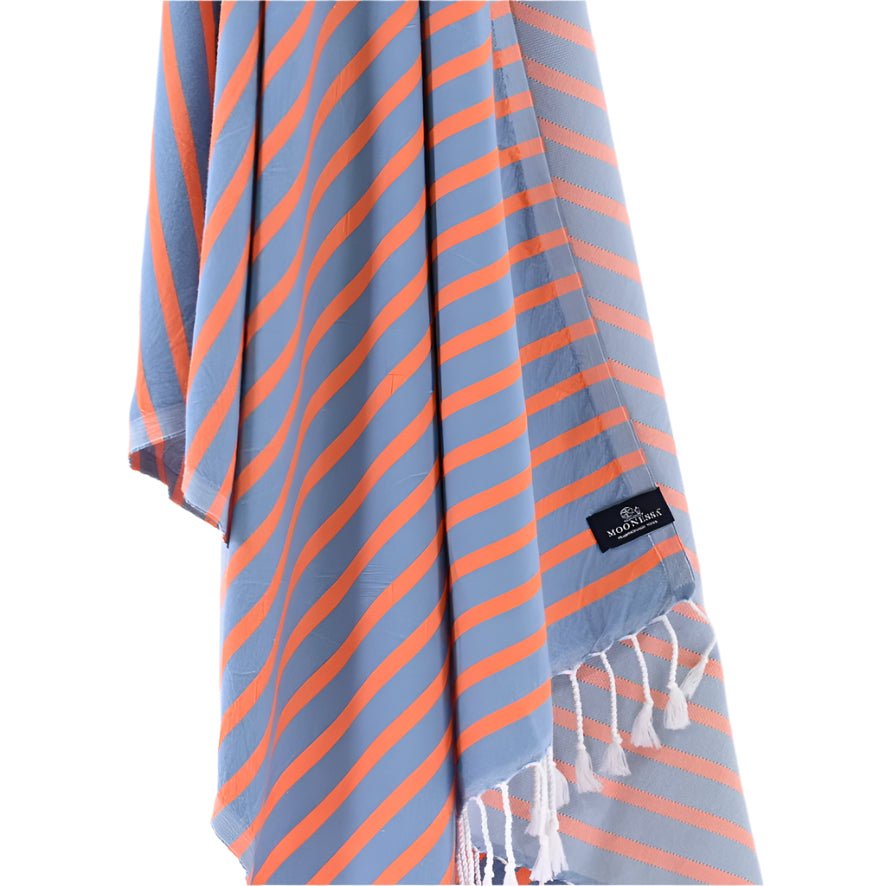 Dublin Series Turkish Towel, Combed Cotton, Blue - Orange, 380g - Turkish Towel - MOONESSA Australia