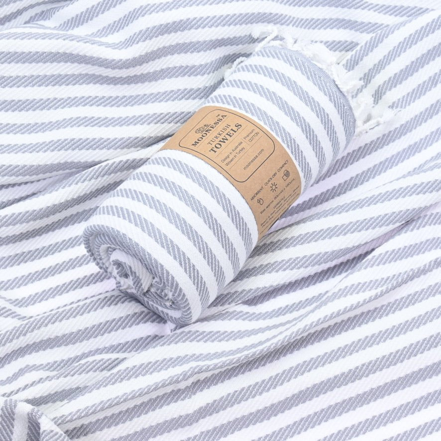 Oxford Series Turkish Towel, Combed Cotton, Grey - White, 430g - Turkish Towel - MOONESSA Australia