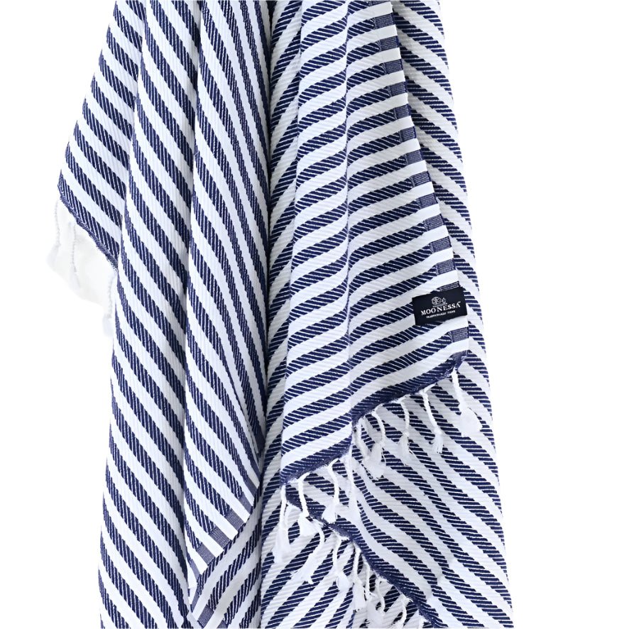 Oxford Series Turkish Towel, Combed Cotton, Navy - White, 430g - Turkish Towel - MOONESSA Australia