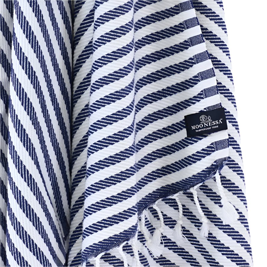 Oxford Series Turkish Towel, Combed Cotton, Navy - White, 430g - Turkish Towel - MOONESSA Australia