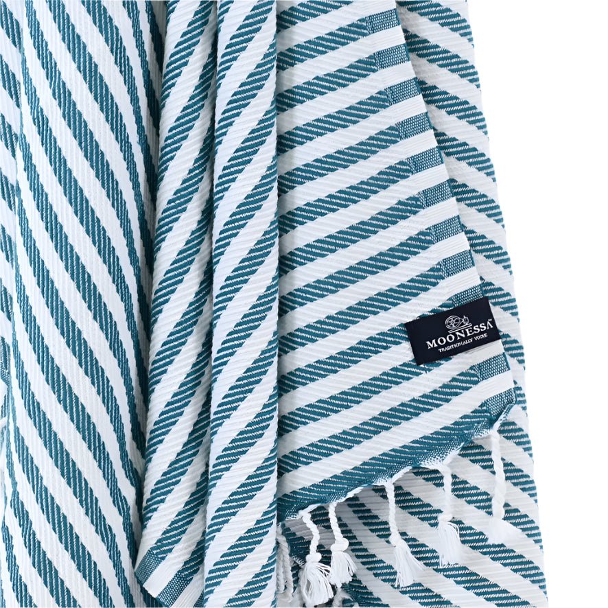 Oxford Series Turkish Towel, Combed Cotton, Teal - White, 430g - Turkish Towel - MOONESSA Australia
