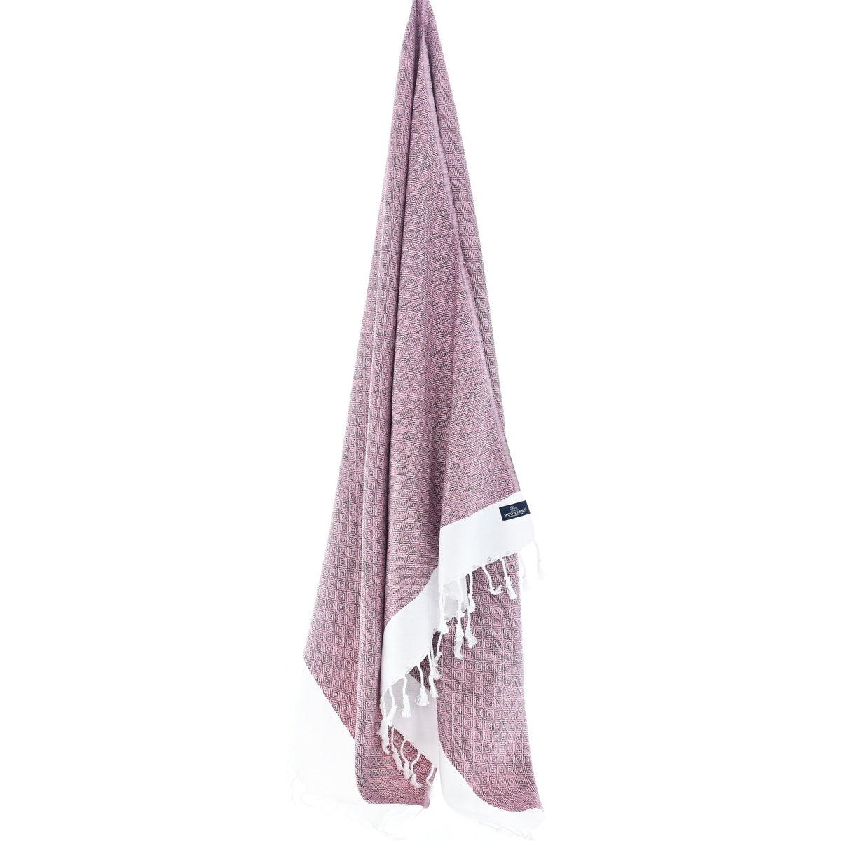 Madrid Turkish towel in mauve hanging full-length to show its dense diamond weave