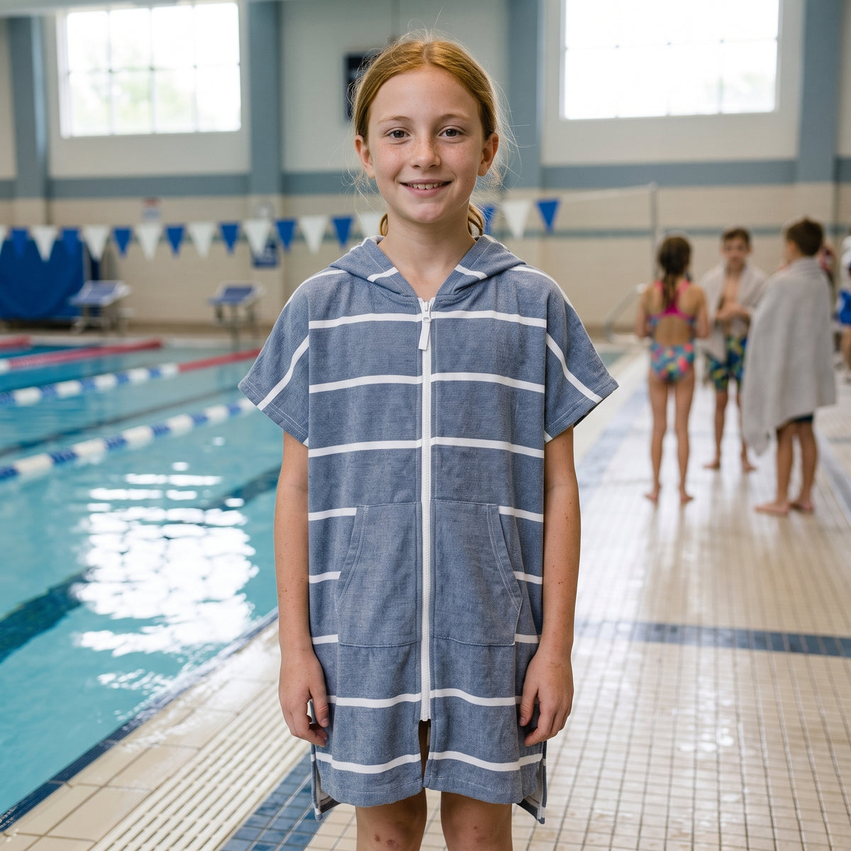 Girl in the Amalfi navy and white kids zip hooded towel, after a swimming lesson at an indoor pool