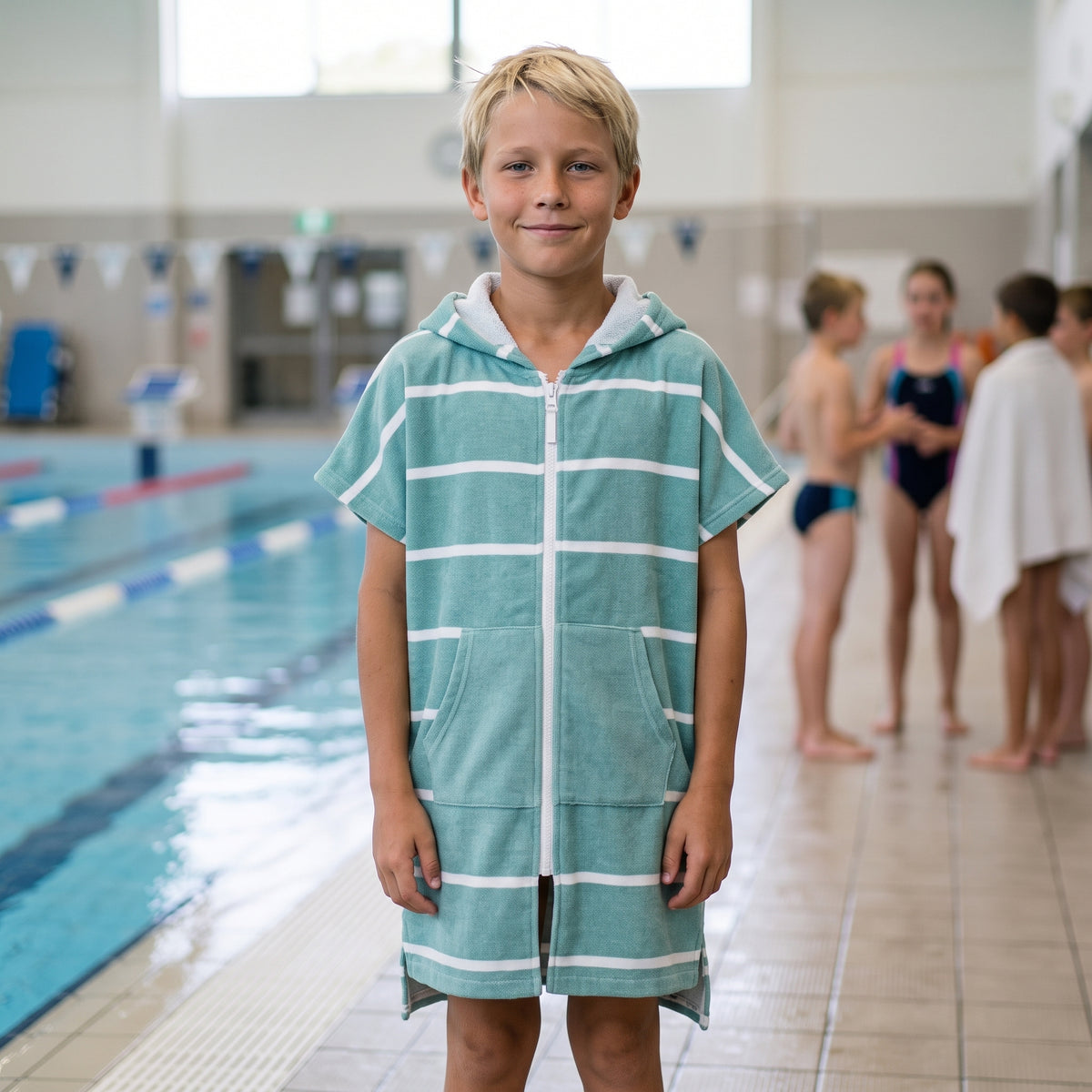 Amalfi kids hooded towel in teal and white stripes worn by a boy, after a swimming lesson at an indoor pool