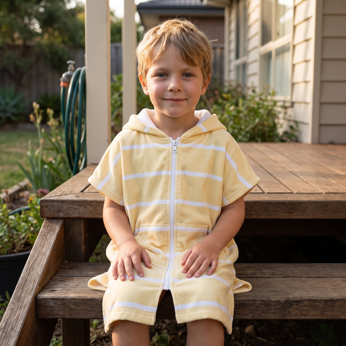 Young boy in the Amalfi yellow and white kids zip hooded towel, on the back steps at home