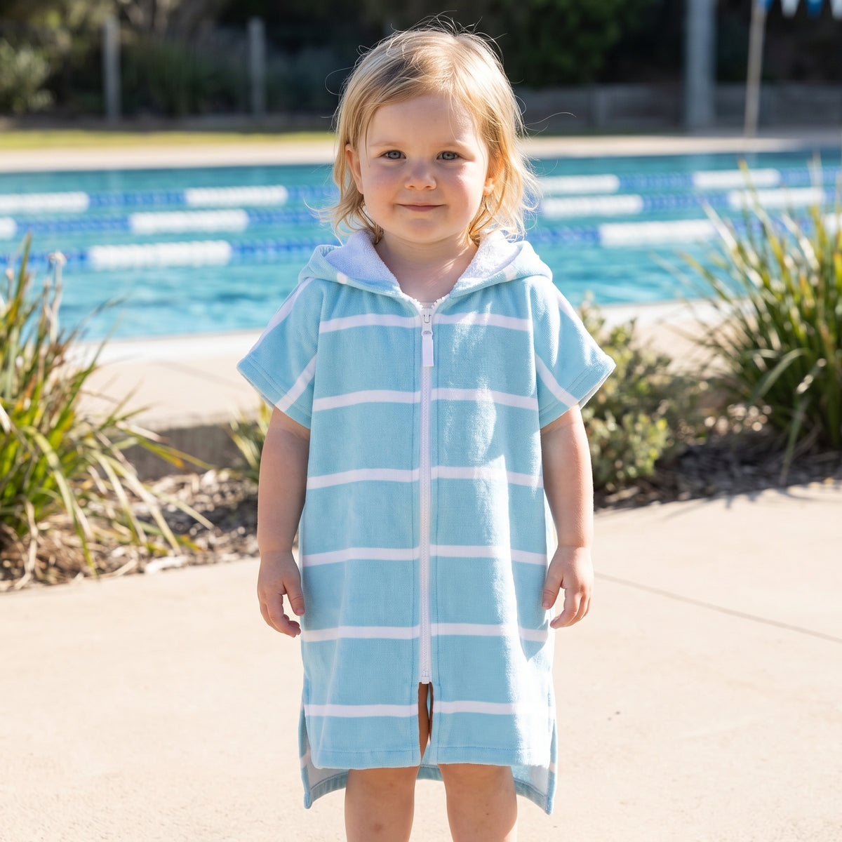 Amalfi toddler hooded towel in aqua and white stripes worn by a toddler girl, beside an outdoor pool