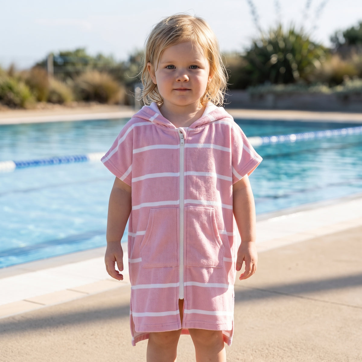 Toddler girl wearing Amalfi pink and white striped toddler hooded towel, beside an outdoor pool