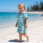 Toddler girl in the Amalfi teal and white toddler zip hooded towel, on Cottesloe Beach, Perth