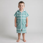Amalfi toddler hooded towel in teal and white stripes worn by a toddler boy, studio photo, front view
