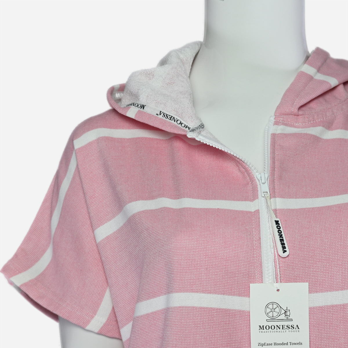 Amalfi Pink White hooded towel showing the terry inside the hood and the striped outer surface