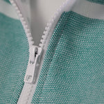 Close-up of the Amalfi Teal White Turkish hooded towel front zip and textured cotton weave