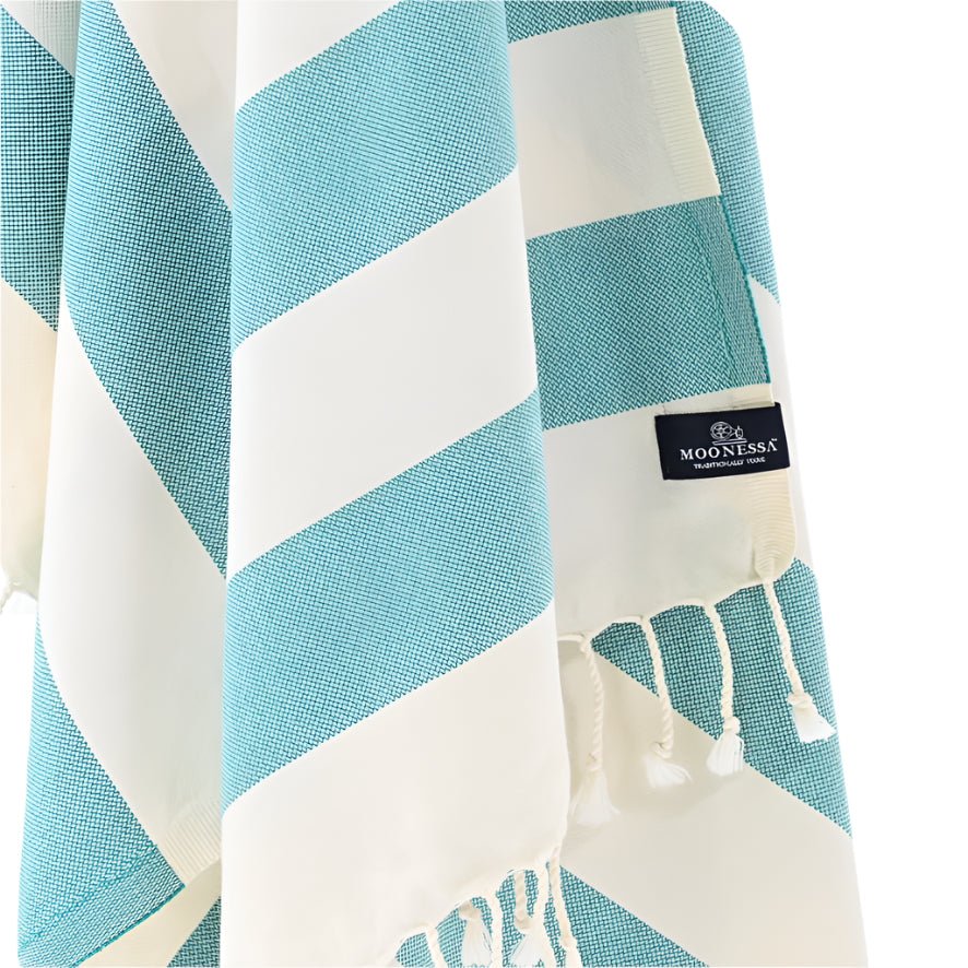Avalon Series Turkish Towel, Combed Cotton, Ecru - Teal, 340g - Turkish Towel - MOONESSA Australia