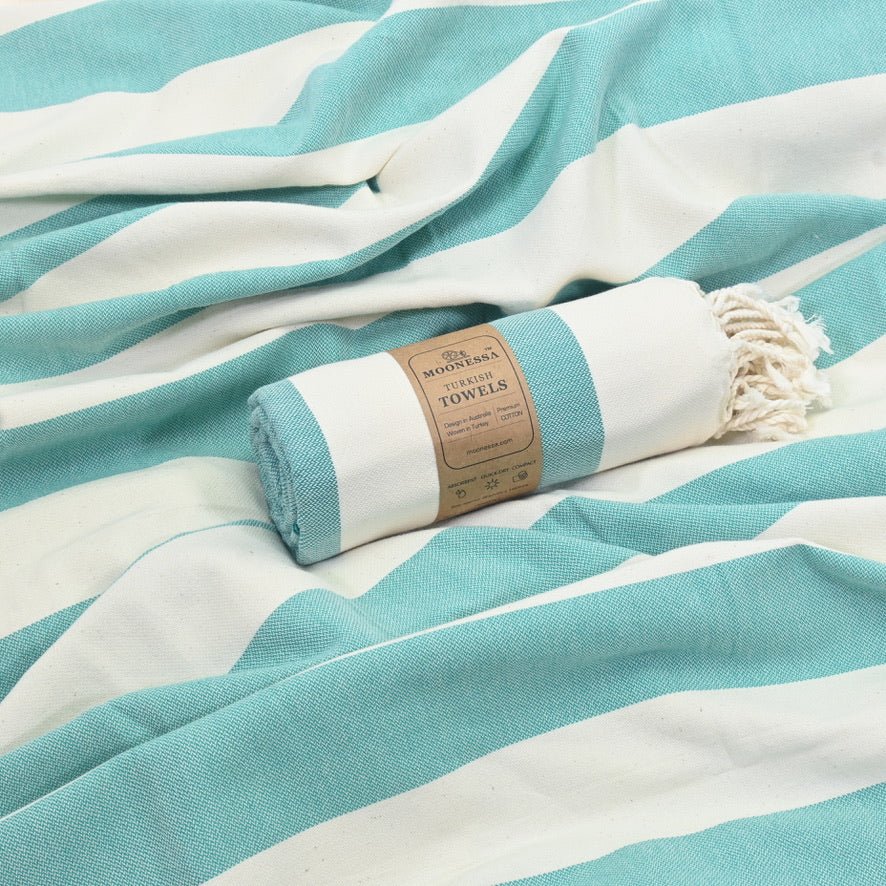Avalon Series Turkish Towel, Combed Cotton, Ecru - Teal, 340g - Turkish Towel - MOONESSA Australia