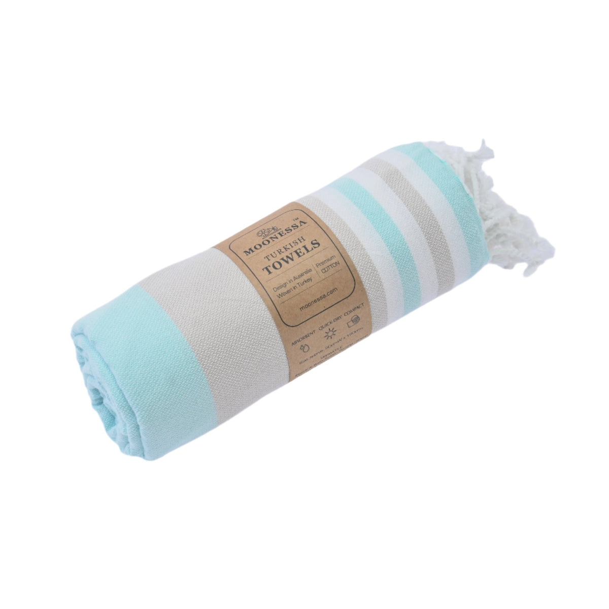 Bondi Beach Series Turkish Towel, Combed Cotton, Mint - Beige, 340g - Turkish Towel - MOONESSA Australia