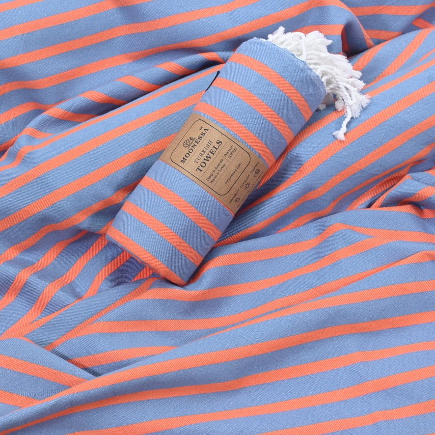 Dublin Series Turkish Towel, Combed Cotton, Blue - Orange, 380g - Turkish Towel - MOONESSA Australia
