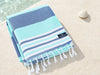 Bondi Beach Navy Mint lightweight Turkish towel folded beside the coast