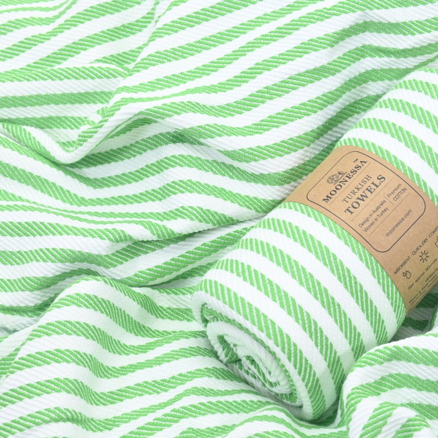 Oxford Series Turkish Towel, Combed Cotton, Apple Green - White, 430g - Turkish Towel - MOONESSA Australia
