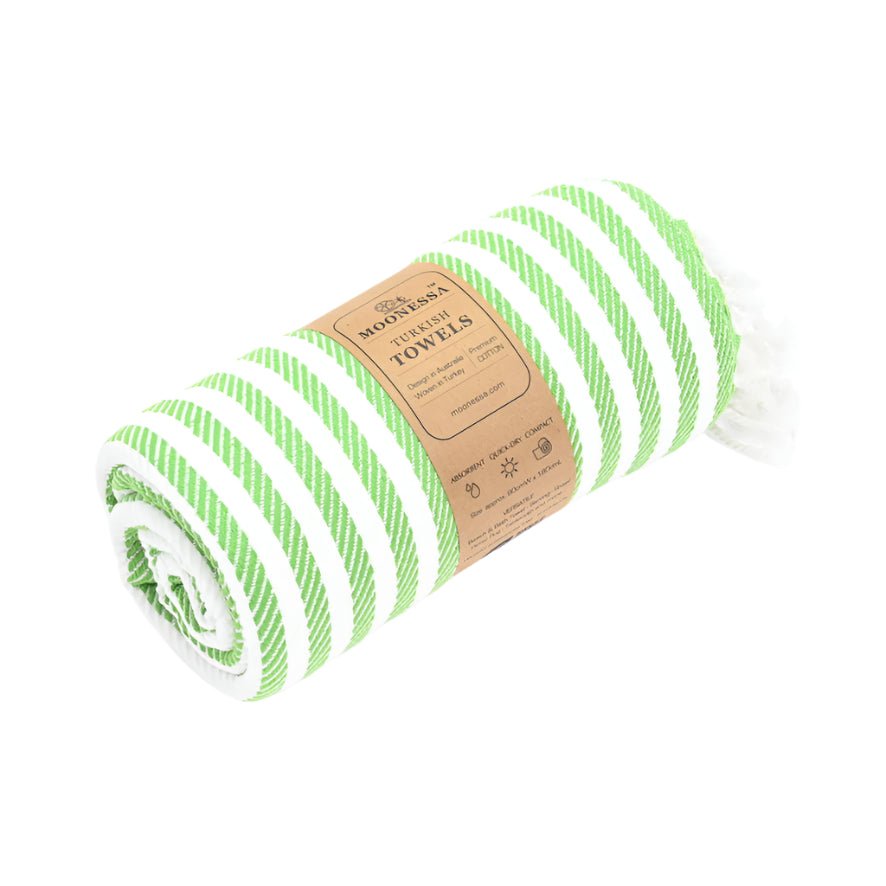 Oxford Series Turkish Towel, Combed Cotton, Apple Green - White, 430g - Turkish Towel - MOONESSA Australia