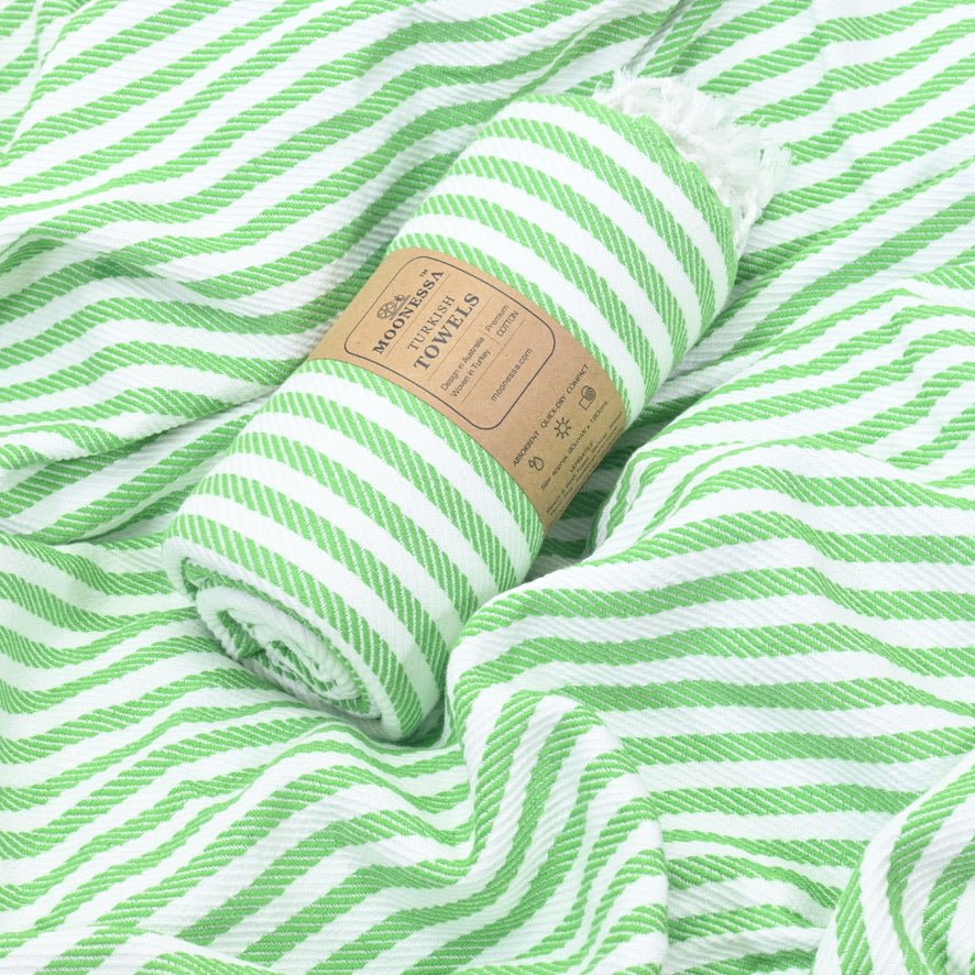 Oxford Series Turkish Towel, Combed Cotton, Apple Green - White, 430g - Turkish Towel - MOONESSA Australia