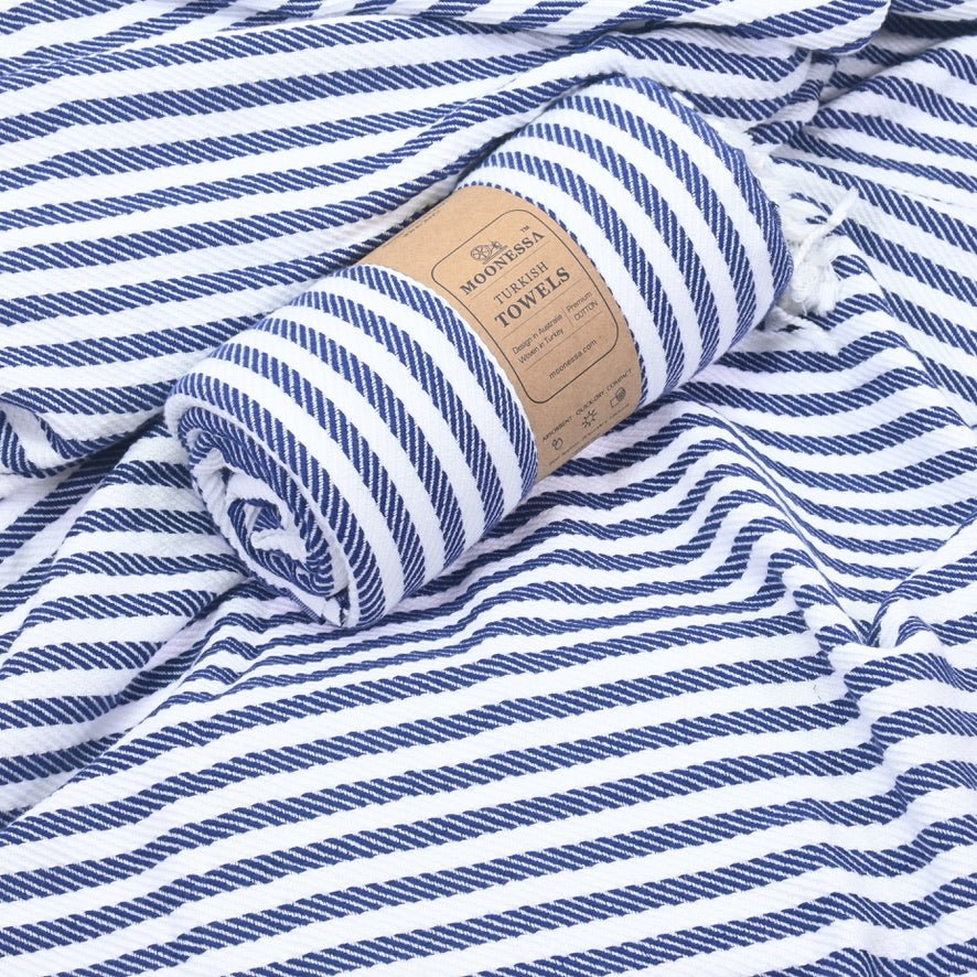 Oxford Series Turkish Towel, Combed Cotton, Navy - White, 430g - Turkish Towel - MOONESSA Australia
