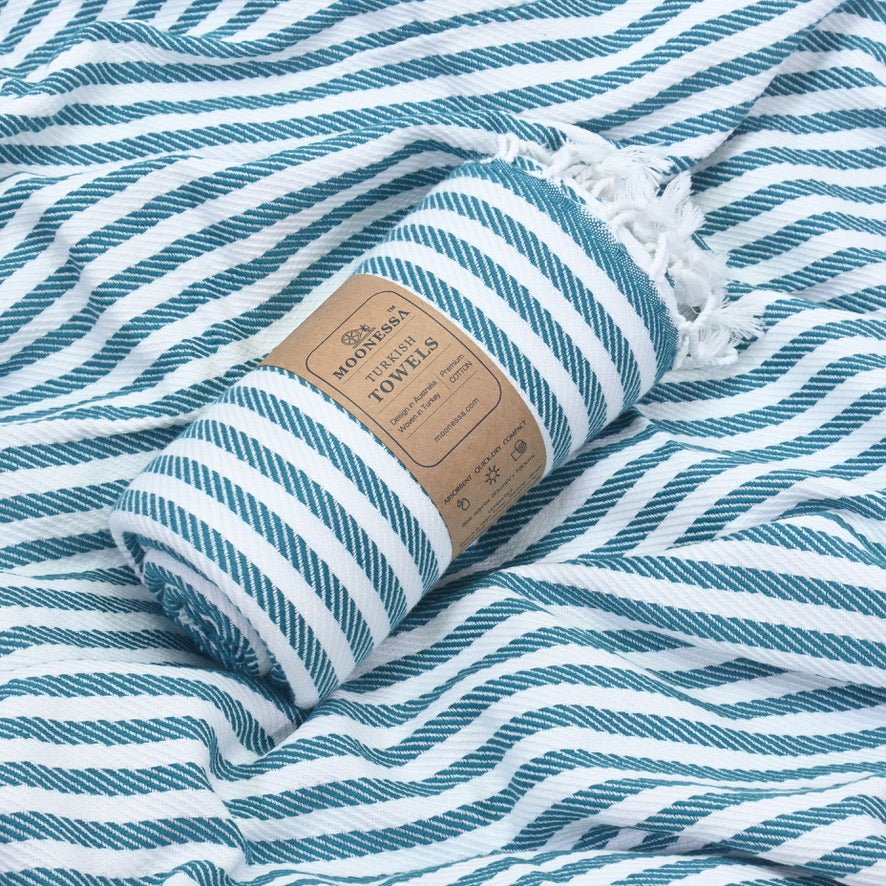 Oxford Series Turkish Towel, Combed Cotton, Teal - White, 430g - Turkish Towel - MOONESSA Australia