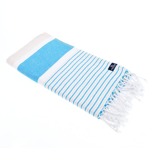 Turkish Towel, Beach Bath Towel, Moonessa Gold Coast Series, Handwoven, Combed Natural Cotton, 420g, Turquoise-Beige, horizontal