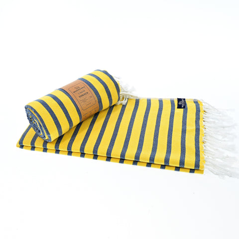 Turkish Towel, Beach Bath Towel, Moonessa Oxford Series, Handwoven, Combed Natural Cotton, 410g, Navy-Yellow, roll & horizontal