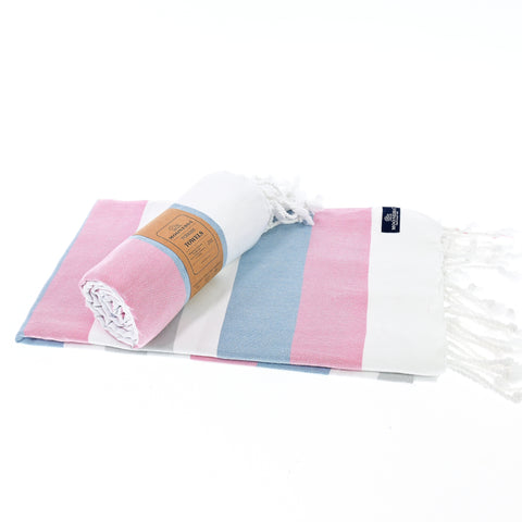 Turkish Towel, Beach Bath Towel, Moonessa Fremantle Series, Handwoven, Combed Natural Cotton, 340g, Vermilon-Blue-Grey, roll & horizontal