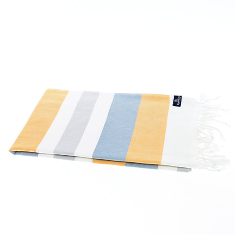 Turkish Towel, Beach Bath Towel, Moonessa Fremantle Series, Handwoven, Combed Natural Cotton, 340g, Orange-Blue-Grey, horizontal