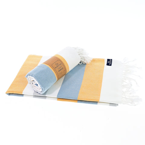 Turkish Towel, Beach Bath Towel, Moonessa Fremantle Series, Handwoven, Combed Natural Cotton, 340g, Orange-Blue-Grey, roll & horizontal