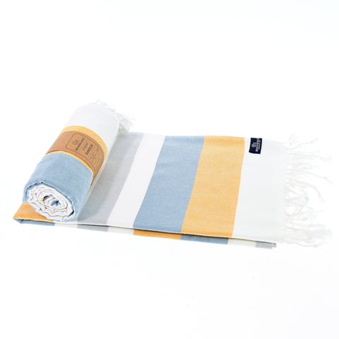 Turkish Towel, Beach Bath Towel, Moonessa Fremantle Series, Handwoven, Combed Natural Cotton, 340g, Orange-Blue-Grey, roll & horizontal 2