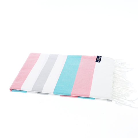 Turkish Towel, Beach Bath Towel, Moonessa Fremantle Series, Handwoven, Combed Natural Cotton, 340g, Tuquoise-Pink-Grey, horizontal