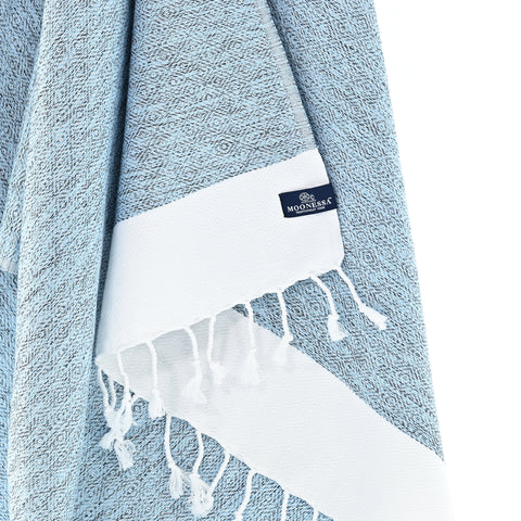 Turkish Towel, Beach Bath Towel, Moonessa Madrid Series, Handwoven, Combed Natural Cotton, 420g, Ice Blue, hanging close-up