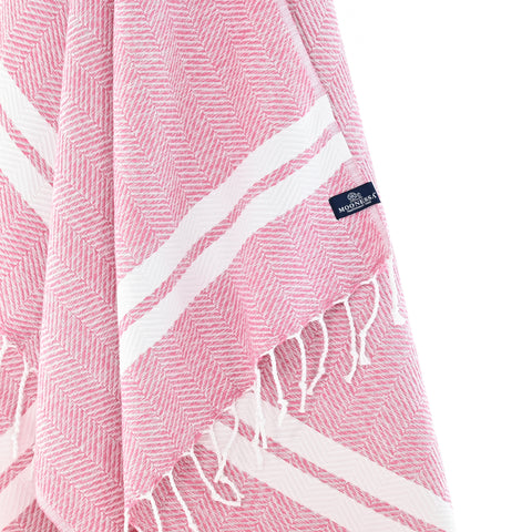 Turkish Towel, Beach Bath Towel, Moonessa Istanbul Series, Handwoven, Combed Natural Cotton, 490g, Rose Pink-White, hanging close-up