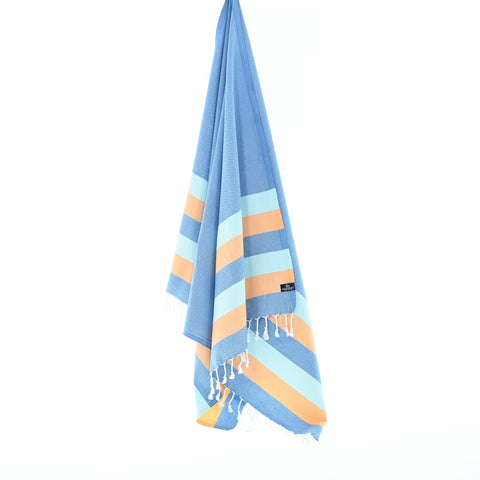Turkish Towel, Beach Bath Towel, Moonessa Swan River Series, Handwoven, Combed Natural Cotton, 330g, Ocean Blue-Orange-Sky Blue, hanging