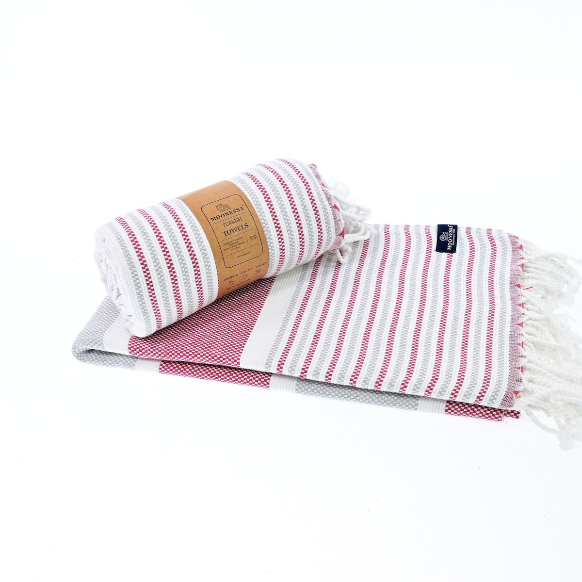 Gold Coast Series Turkish Towel, Combed Cotton, Grey - Burgundy, 450g - Turkish Towel - MOONESSA Australia